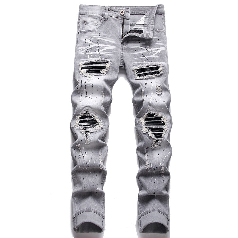 GRAY REGULAR PATCHED JEANS